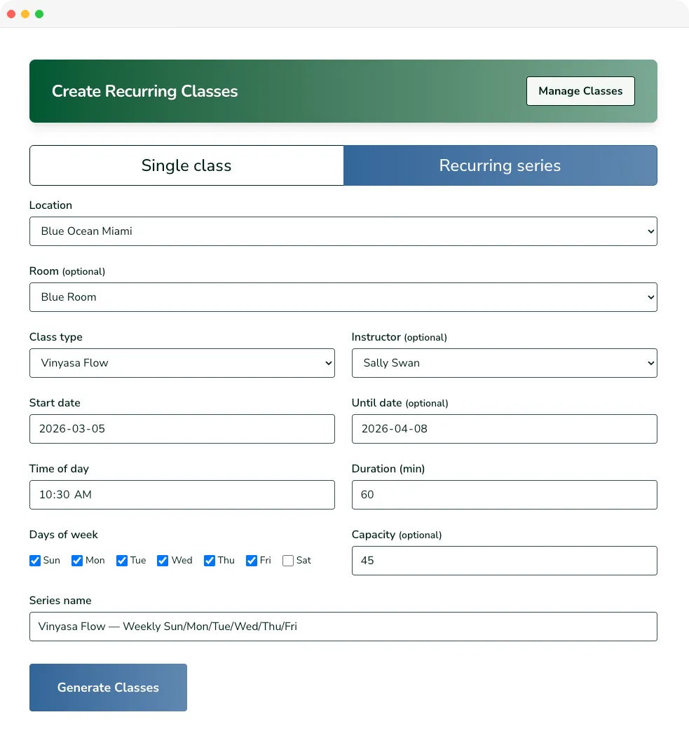 Platsana class setup screen showing recurring class scheduling options