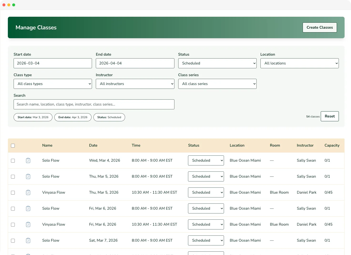 Illustration of the Platsana class management page