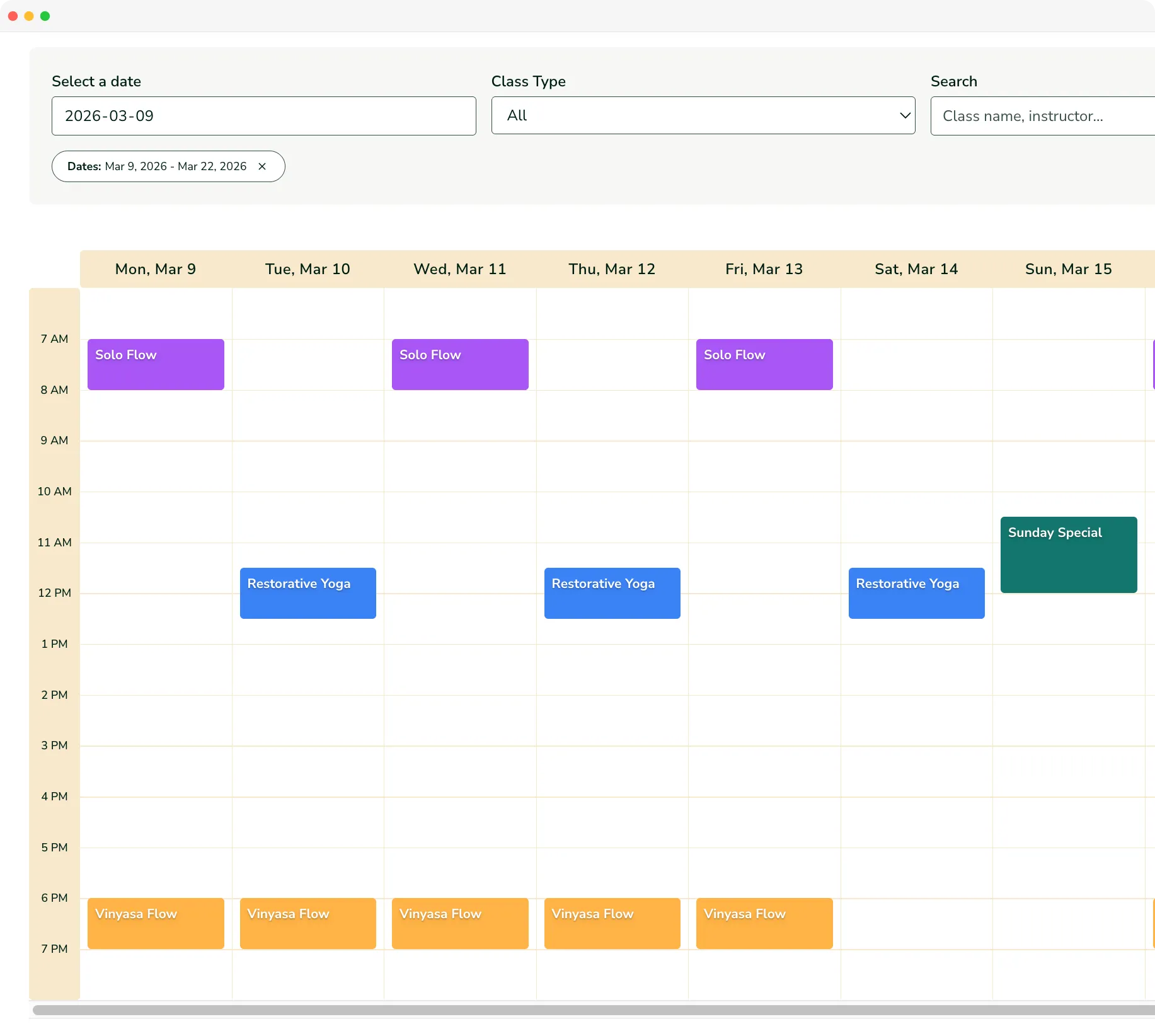 Platsana class setup screen showing class calendar view booking options