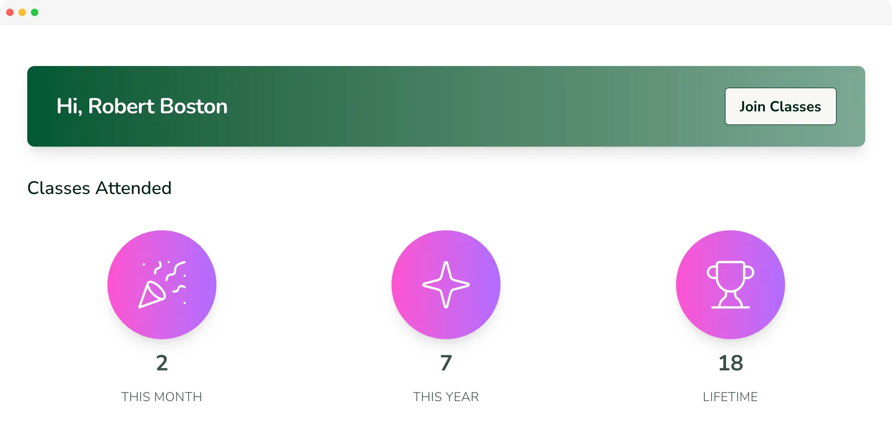 Customer view of their own attendance statistics in Platsana
