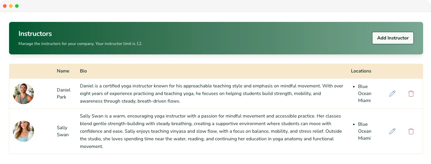 Platsana instructor management view with profiles and assignment options