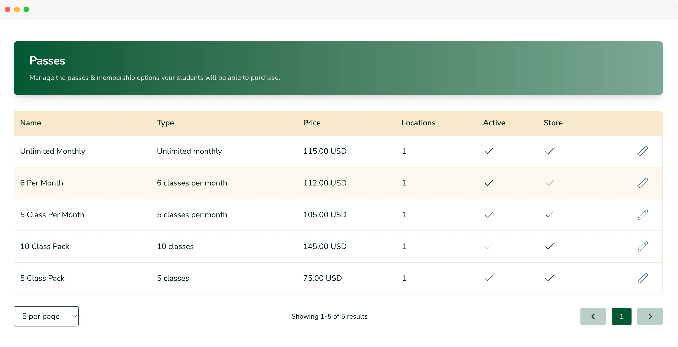 Platsana class setup screen showing pass and membership management options