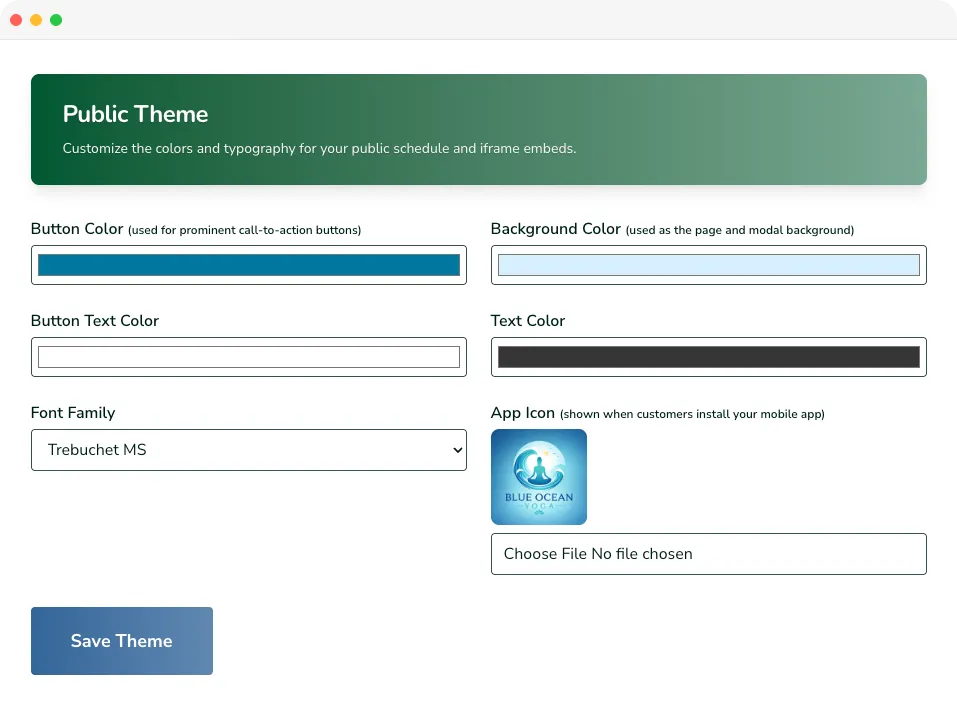 Platsana website integration settings previewing branded schedule embed