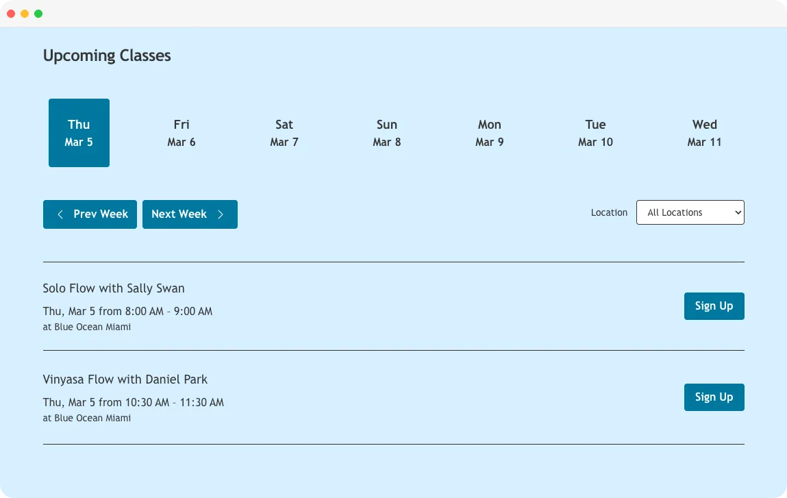 Public schedule preview showing embedded schedule with custom colors and fonts matching the studio's brand